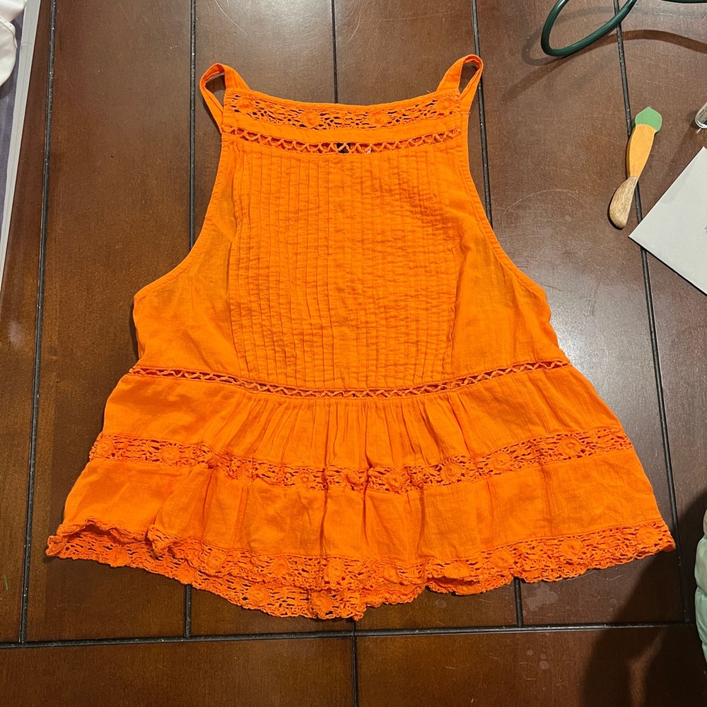 Free People Vibrant Orange Sleeveless Top with Lace Details